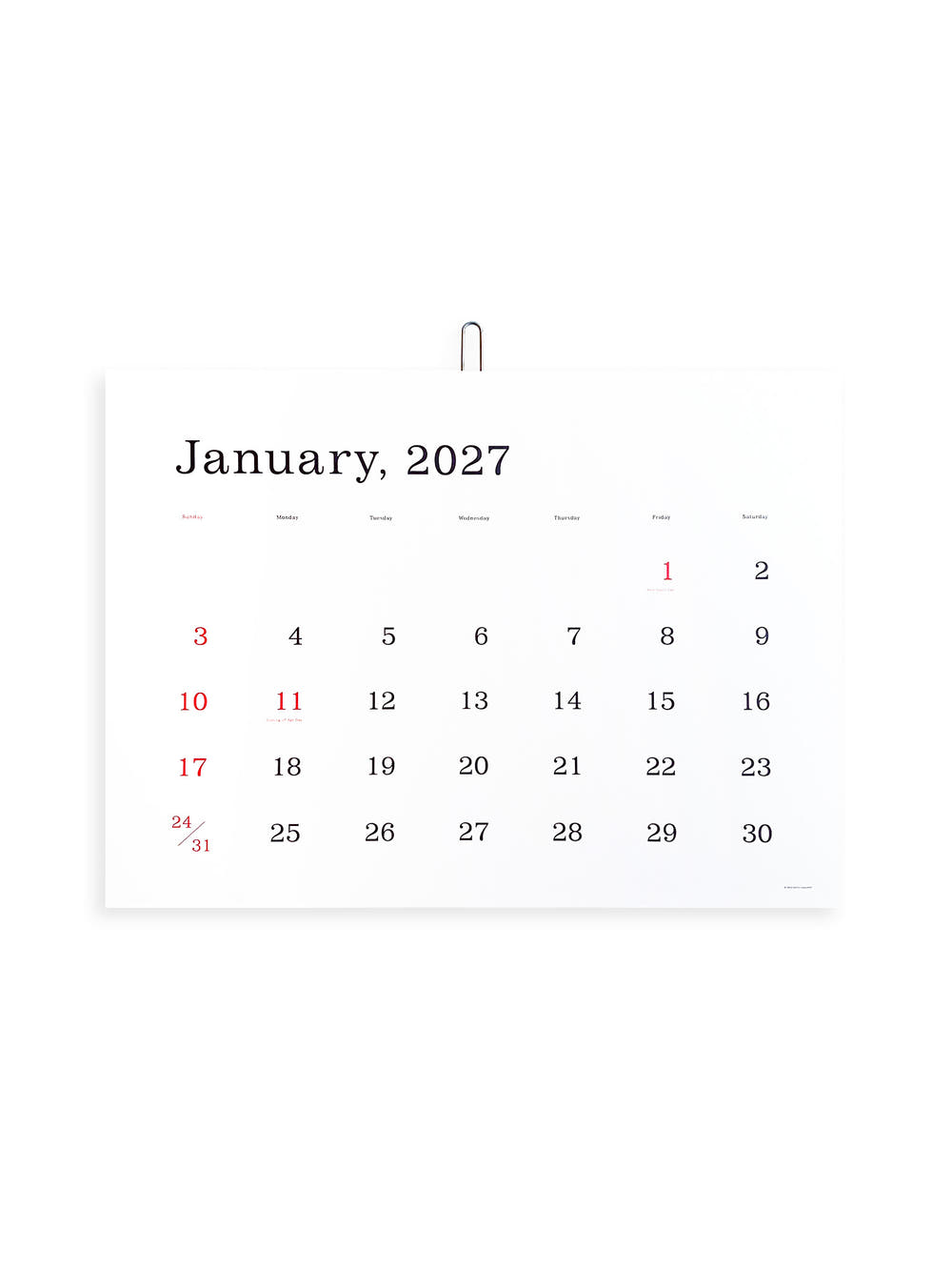 KASAI Kaoru Calendar 2027 （罫線なし / Unlined）