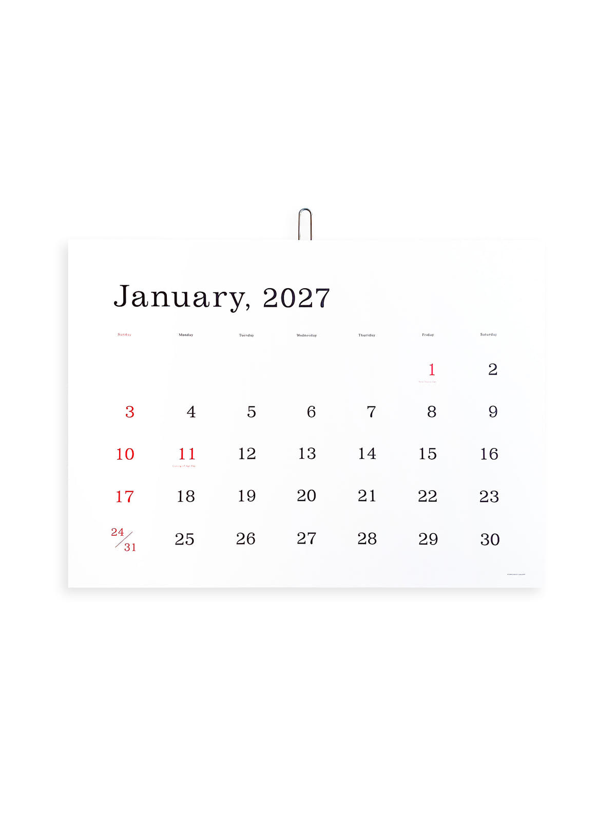 KASAI Kaoru Calendar 2027 （罫線なし / Unlined）